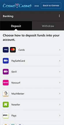 cosmo casino payment methods